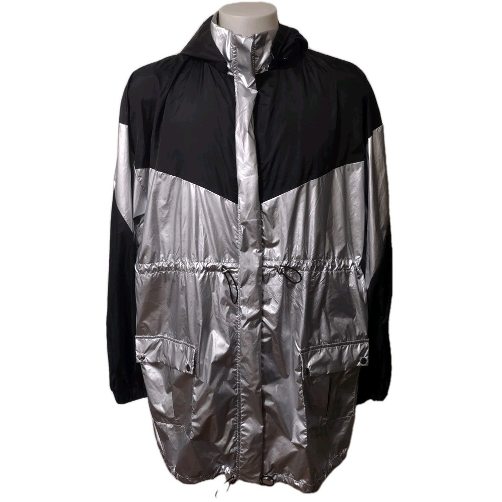 Pretty Little Thing Windbreaker Womens Size L Hooded Pockets Cinch Waist Silver